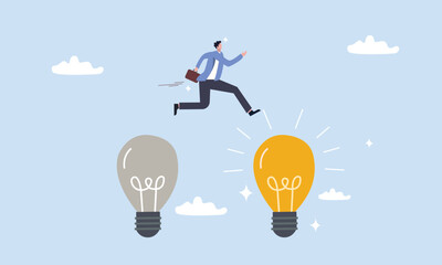 Business transformation, change management or transition to better innovative company, improvement and adaptation to new normal concept, smart businessman jump from old to new shiny lightbulb idea. - obrazy, fototapety, plakaty