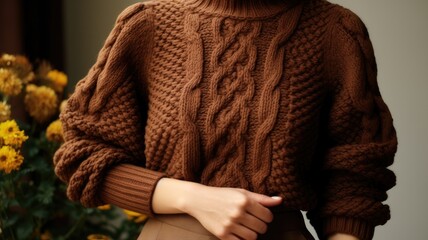 specific details of the brown knitted wool sweater, such as the cuffs or neckline, to highlight the craftsmanship and texture.