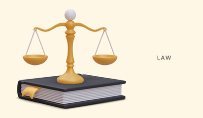 Vector concept of rule of law. Realistic vintage scales stand on book of laws. Weighted verdict. Legal education. Services of notary, lawyer, advocate. Place for advertising text