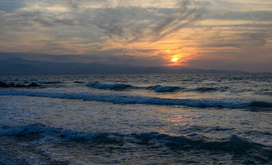Fototapeta na wymiar shore of the Mediterranean sea autumn 2023 in the setting sun 4