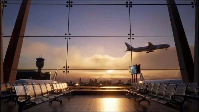 Empty Waiting Room In Airport Terminal At Sunset. Airplane Takes Off Outside The Window, 3D Render
