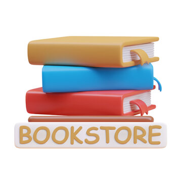 Advertising poster for bookstore in yellow, red and blue colors. Stack of books of different colors on white background. Vector illustration in 3d style