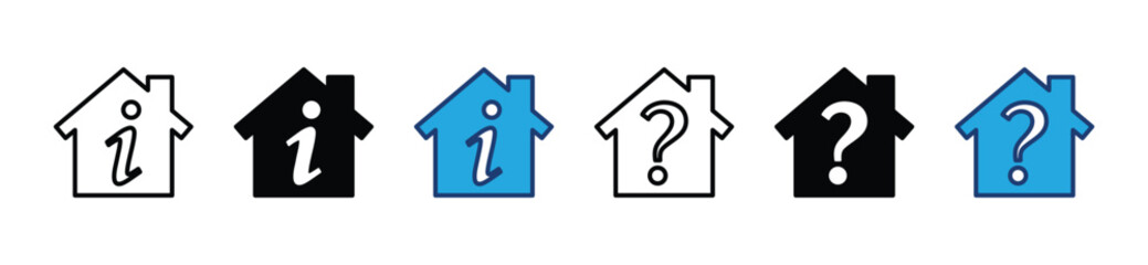 Housing information and questions icon set. Home or house with info and question mark symbol on white background. Vector illustration