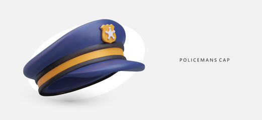 Realistic blue policeman cap in cartoon style, side view. Uniform headdress of policeman with visor and cockade. Vector horizontal banner with place for text