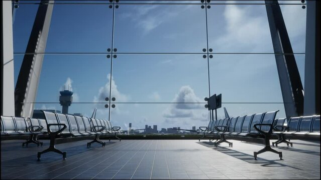 Empty Waiting Room In Airport Terminal. 3D Render
