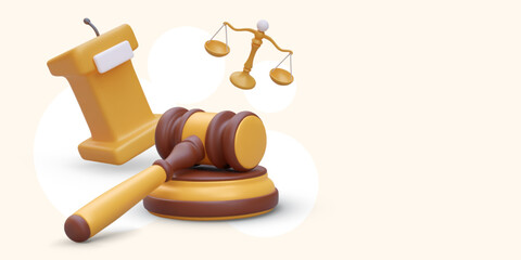 3D judge gavel, tribune with microphone, scales. Speech in court. Law and justice set. Vector composition in cartoon style. Color template with space for advertising text