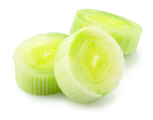 Fresh chopped leek isolated on white background.