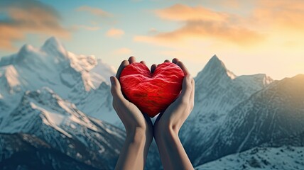 a couple's hands clasping a red heart against the backdrop of majestic mountain peaks, emphasizing the strength and endurance of their love. - obrazy, fototapety, plakaty