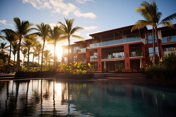 Fototapeta na wymiar luxurious vacation resort exterior, sunlit for contrast