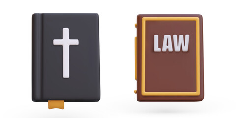 Obraz premium Bible and collection of laws. Fundamental legal books of Christians. Legal code. Isolated realistic images on white background. Vector color icons. Human and God laws