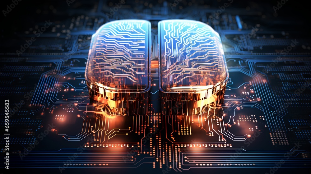 Poster big data and artificial intelligence concept. human brain glowing from processor, symbolizing the fu