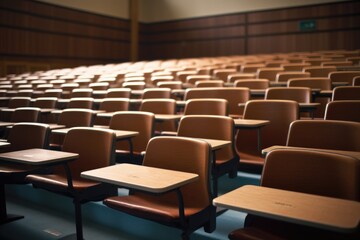 a lecture hall with rows of empty seats