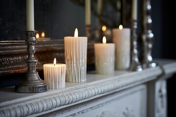 detail view of unlit white candles on a dust-free mantelpiece