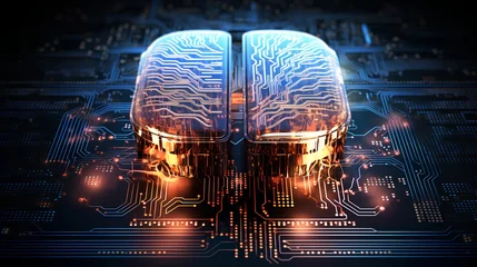 Fotobehang Big data and artificial intelligence concept. Human brain glowing from processor, symbolizing the fusion of human intelligence and machine learning capabilities. Evolution of technology of data. © TensorSpark