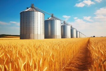 Photo of a granaries on a field of ripened wheat. Grain elevators between corn fields. Grain silo, countryside with wheat field foreground rural scene, agriculture concept. - obrazy, fototapety, plakaty