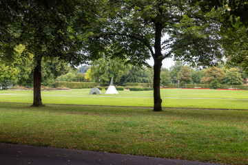 View of the courtyard garden of the Kempten Residence on a cloudy summer day