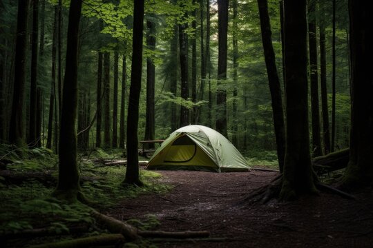 a tent pitched in a forest clearing