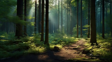 a path through a forest with sun shining through the trees.  generative ai
