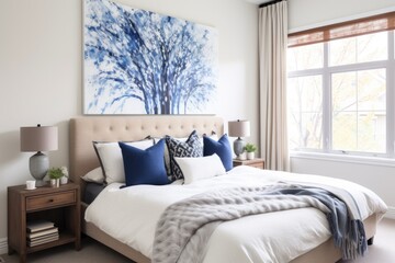 bedroom with a large canvas art piece as the focal point