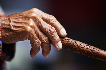 a close-up of a carved wooden baton being passed from one hand to another