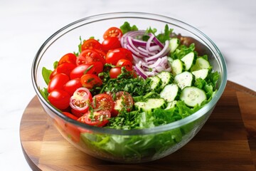 classic salad being prepped in a glass bowl