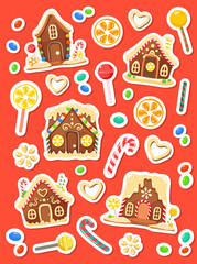 Sticker set of gingerbread houses and sweets. Vector cookies, candies, lollipops and other treats. Colorful isolated christmas elements on red background. Flat cartoon style.