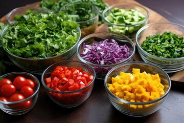 freshly chopped salad ingredients in glass bowls
