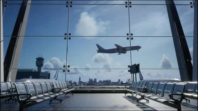 Empty Waiting Room In Airport Terminal. Airplane Takes Off Outside The Window, 3D Render
