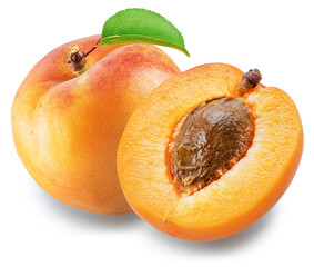 Ripe apricot with green leaf and apricot slice on white background. File contains clipping path.