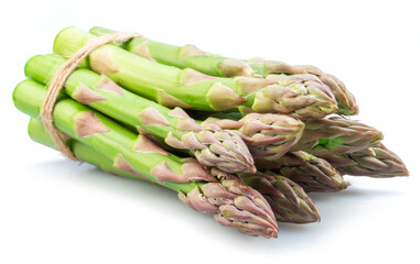 Bundle of green asparagus spears isolated on white background.