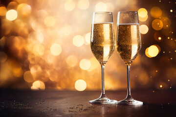 glasses of champagne on shiny and gold background
