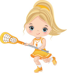 Vector Cute Little Girl Playing Lacrosse