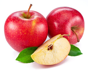 Ripe red apples and apple slice isolated on white background.