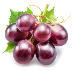 Small bunch of red table grape with grape leaves isolated on white background.