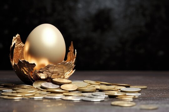 a broken egg with coins spilling out