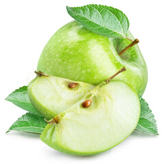 Green ripe apple and apple slices on white background.