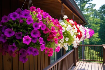hanging baskets full of cascading petunias on a patio