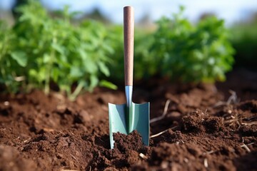 rust-free metal spade in freshly turned soil