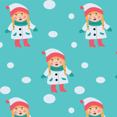 cute cartoon girl and snow seamless background