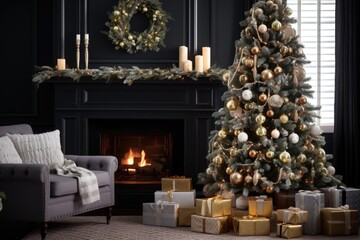Fototapeta na wymiar fully decorated premium christmas tree by the fireplace