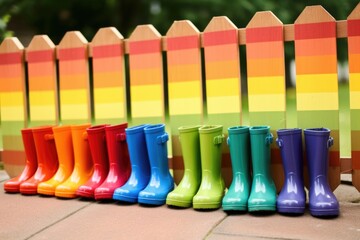 childrens rain boots lined up in rainbow colors