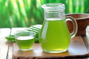 green aloe vera juice in a glass jug, with aloe plant in the background