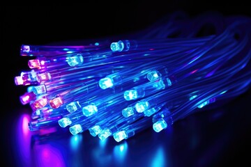 cluster of fiber optic light cables glowing in the dark