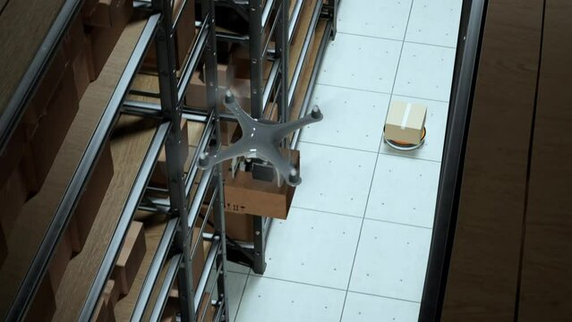 Top View Of Autonomous Robot Transportation In Warehouses. Warehouse Automation Concept
