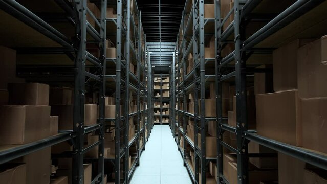 Warehouse With Cardboard Boxes Inside On Pallets Racks, Logistic Center. Warehouse Filled With Cardboard Boxes On Shelves. 3D Animation

