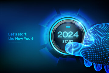 2024 start. Finger about to press a button with the text 2024 start. Happy new year. New Year two thousand and twenty four is coming concept. Vector illustration. - obrazy, fototapety, plakaty