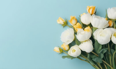 Delicate peonies on an pastel blue background.