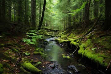 a forest with a stream running through it