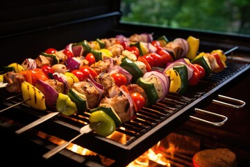 a grill with varying skewers of vegetables and meat
