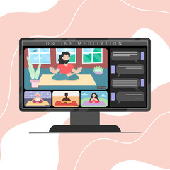 Vector illustration of online meditation. Diverse people sitting in lotus pose and meditating at home through video meeting
